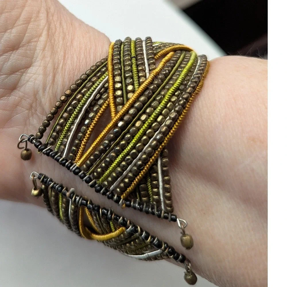 Vintage Multi Strand Beaded Cuff Bracelet Braided Wrap‎ OSFM Boho Braided  Woven